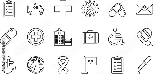 Quadro su tela Healthcare medical hospital icons, emergency ambulance virus graphics, medicine