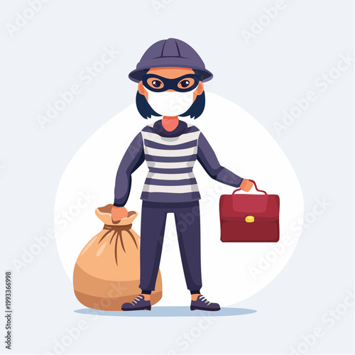 Cartoon Thief Wearing Mask and Holding Loot Bag and Briefcase