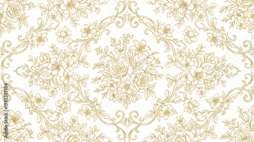 Elegant vintage floral damask pattern with intricate botanical motifs in gold on white