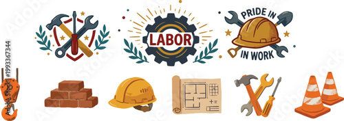 Cute Construction Worker Character with Building Tools Set for Labor Day Celebration