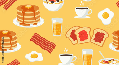 Delicious Breakfast Food Items Seamless Pattern.