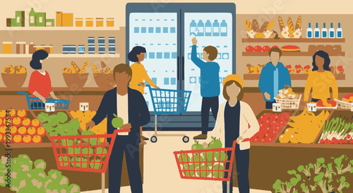 Diverse people shopping for groceries in a supermarket aisle.