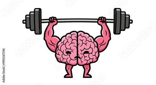 Cartoon Brain Lifting Weights Depicting Mental Strength and Cognitive Power.