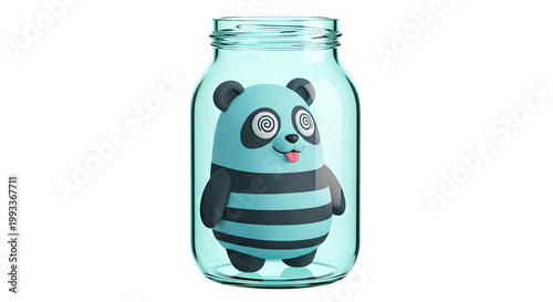 Dizzy Blue Panda Character Trapped in a Glass Jar