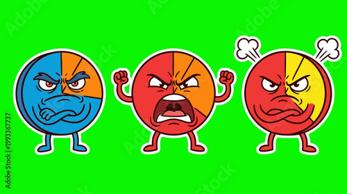 Cartoon Pie Charts Expressing Anger and Frustration on Green Background.