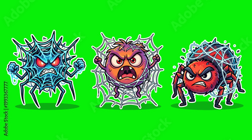 Cartoon Spiders Displaying Anger and Aggression on Green Background.
