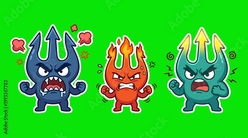 Cartoon Trident Characters Displaying Anger and Aggression on Green Background.