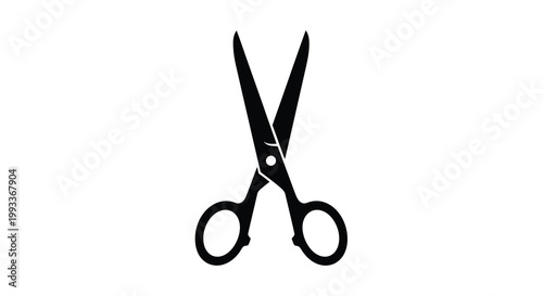 A stark black silhouette depicts a pair of open scissors showcasing their curved blades and finger holes