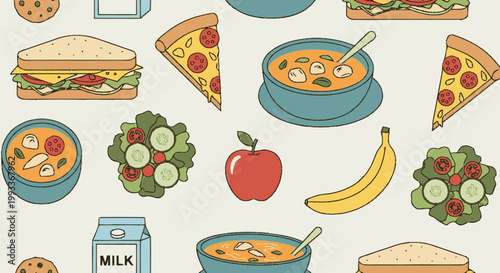 Healthy Lunch Food Assortment Seamless Pattern.