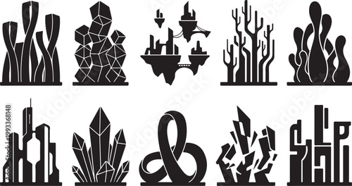 set of black city skylines and landscapes vector illustration