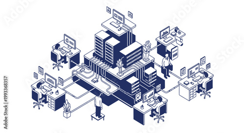 Isometric 3d illustration of an abstract blue background with a world map and white lines featuring a business city office building and industrial factory plan for urban technology design