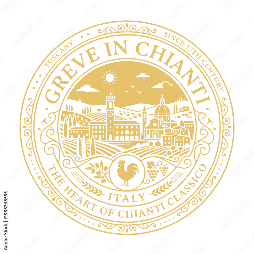 Fototapeta premium Gold Greve in Chianti Tuscany Italy circular emblem on white vector illustration