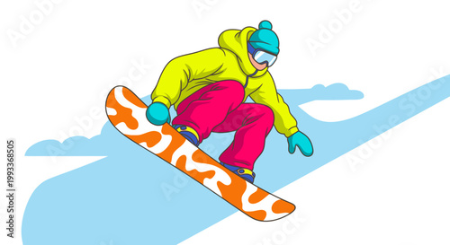 Energetic Snowboarder Airborne After a Jump on a Bright Snowy Mountain Slope