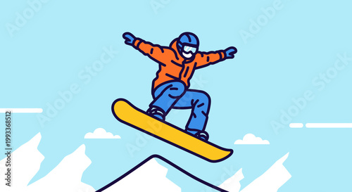 A fun cartoon illustration of a young boy snowboarding and jumping high into the winter sky, a vector sport vector featuring a child on a board enjoying extreme snow jumping