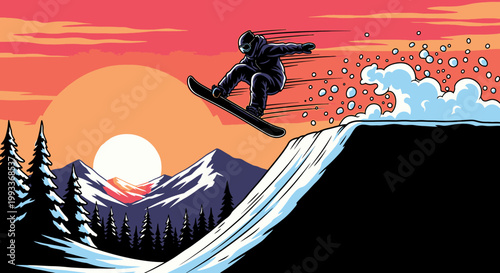 Dynamic Snowboarder Jumping Off a Ramp Against a Vibrant Sunset in Snowy Mountains