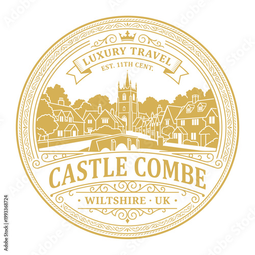 Ornate gold Castle Combe Wiltshire UK travel badge vector illustration isolated on white