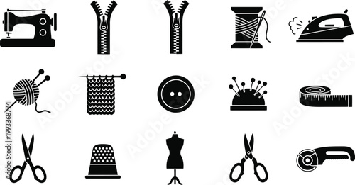 Sewing and tailoring tools icons, including sewing machine, zipper, and fabric craft supplies