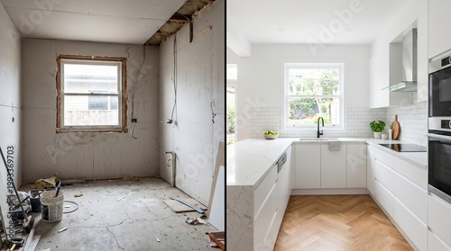 Home Renovation Before and After: Dilapidated Room Transformed into Modern White Kitchen