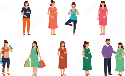 Pregnant Women Lifestyle Collection Featuring Expecting Mothers in Different Activities Poses and Daily Situations for Healthcare and Family Illustration Design.