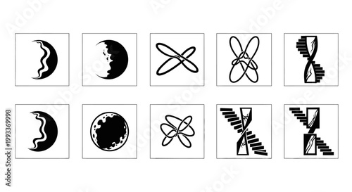 Black and white science symbols icons.