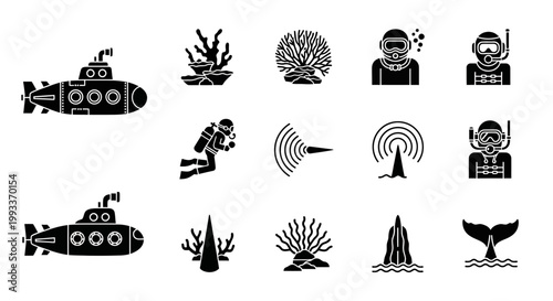 Black icons of sea creatures and submarines.