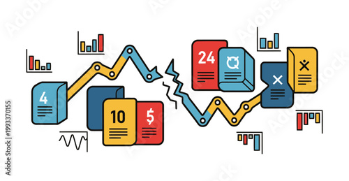 Flat design vector illustration of a fractured financial graph charting decline with numerical data points and bar chart icons representing financial metrics.