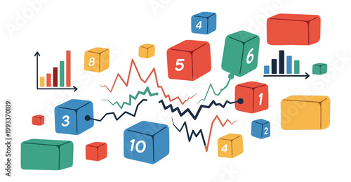 Colorful vector illustration of numbered cubes and data charts showing business growth and analytical concepts in a playful design style