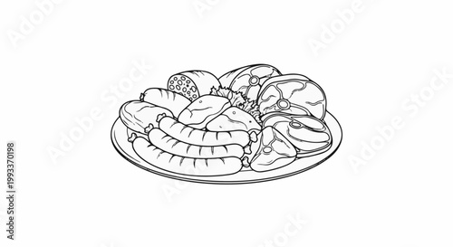 A platter of various meats, including sausages, fish, and steak cuts