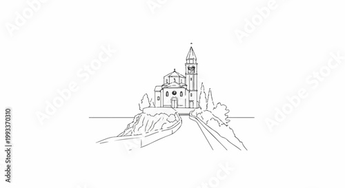 A solitary stone church sits atop a hill, accessed by a winding path