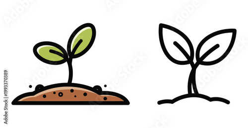 This clean vector illustration graphic design features a simple, stylized representation of a sprouting seedling emerging from the soil on the left and a minimalist line art version of a sprout
