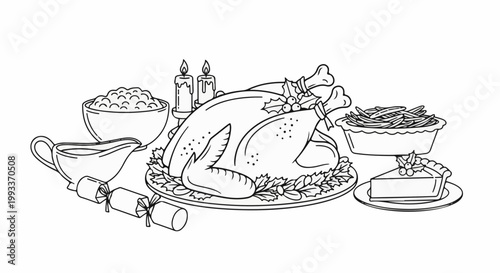 A festive spread with a roasted bird, side dishes, and celebratory elements