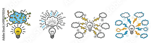 Collection of vector graphic illustrations showcasing light bulbs with exploding ideas, lightning, and clouds symbolizing creativity and innovation.