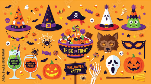 Festive Halloween Collection Vector Illustration with Costumes Candy and Spooky Decorations for Party Designs