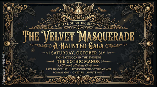 Elegant Halloween Masquerade Ball Invitation Vector Illustration Gothic Party Design with Skulls and Ornate Frame