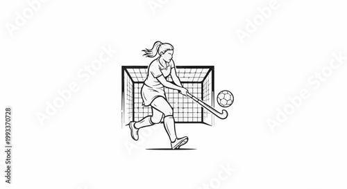 Athletic woman plays field hockey, striking the ball toward the goal