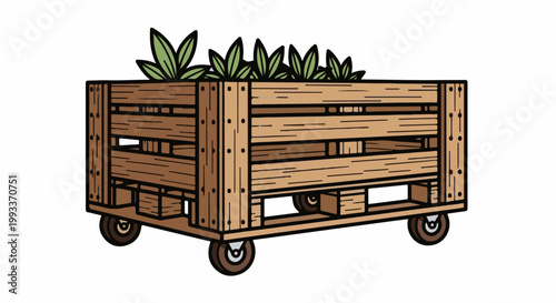 Wooden cart filled with green plants on wheels