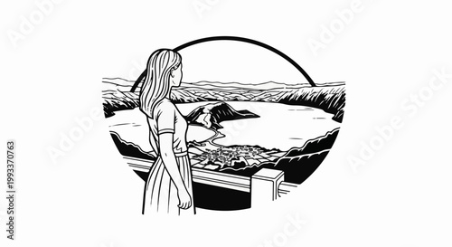 Woman gazes at idyllic lakeside town with rolling hills under an arch