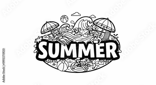 Whimsical doodle art of people enjoying summer activities at the beach with water and sun