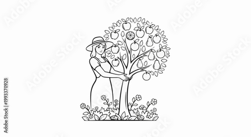 Woman in a hat embraces an apple and pear tree, surrounded by flowers