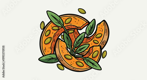 Vibrant pumpkin slices with seeds and greens, cartoon style
