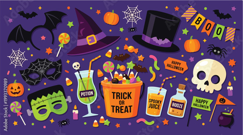 Festive Halloween Illustration with Spooky Elements Costume Party Decorations Candy and Witch Hat Vector Graphic