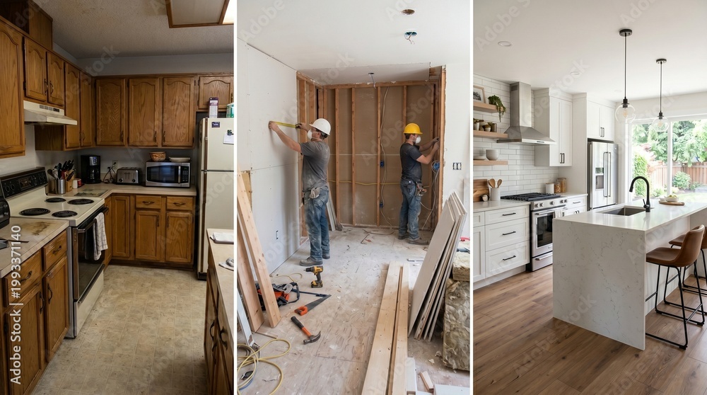 Obraz premium Kitchen Renovation Before, During, and After: Old to Modern Transformation
