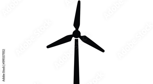 A simple black silhouette depicts a single wind turbine against a stark white background representing renewable energy