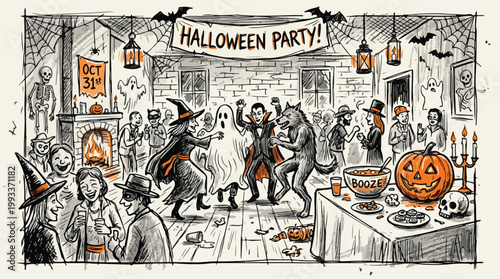 Festive Halloween Costume Party Illustration Vector Graphic with Spooky Decorations and Dancing Characters