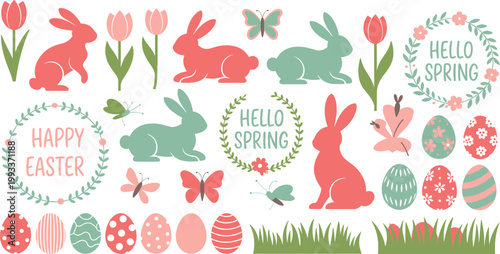 Easter vector collection featuring flat bunny silhouettes colorful eggs spring flowers wreaths and butterflies for holiday cards and seasonal decorations