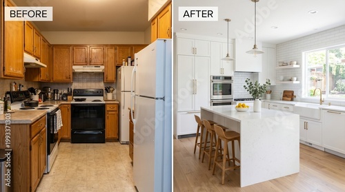 Kitchen Renovation Before and After: Old Wood Cabinets to Modern White Island