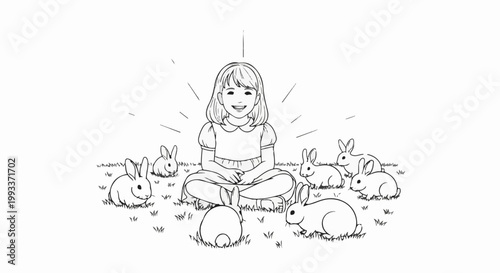 A happy child sits cross-legged in the grass surrounded by cute bunnies