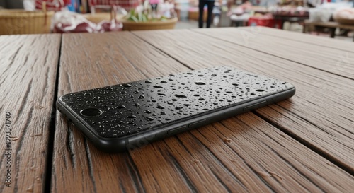 A black smartphone lies on a wet wooden surface, covered in numerous water droplets, reflecting the surrounding environment.