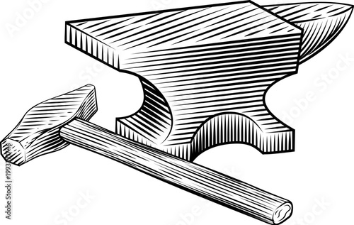 Hammer and anvil blacksmith workshop metalwork tools illustration in a vintage woodcut engraved etching style.