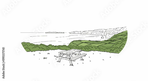 A scenic sketch of a picnic table overlooking a coastal landscape and ocean